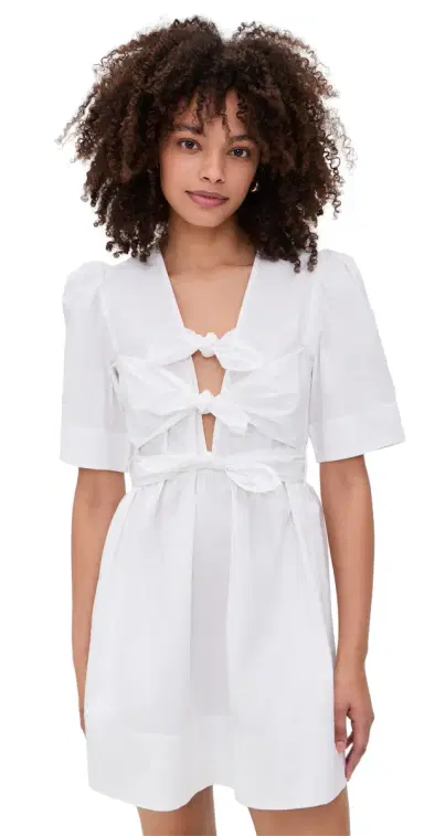 Ganni Stretch Cotton Mini Tie Strap Dress Bright White | Thumbnail 1 Ganni Stretch Cotton Mini Tie Strap Dress Bright White | Thumbnail 1