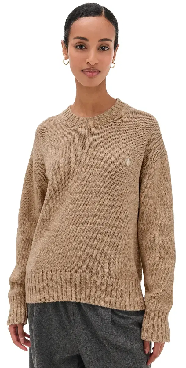 Cotton-Long Sleeve-Crew Neck-Pullover Tan Heather