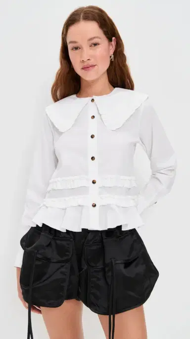 GANNI Stretch Cotton Shirt with Frills Snow White | Thumbnail 2