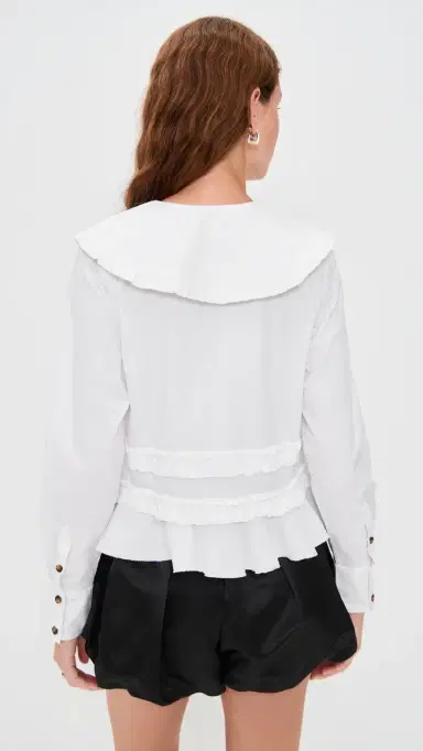 GANNI Stretch Cotton Shirt with Frills Snow White | Thumbnail 3