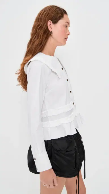 GANNI Stretch Cotton Shirt with Frills Snow White | Thumbnail 4