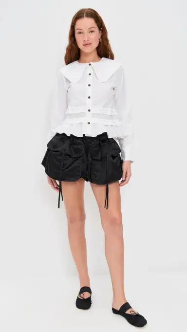 GANNI Stretch Cotton Shirt with Frills Snow White | Thumbnail 5