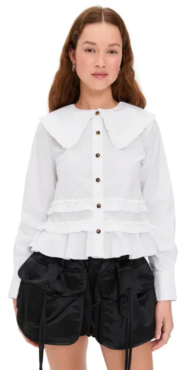 GANNI Stretch Cotton Shirt with Frills Snow White | Thumbnail 1