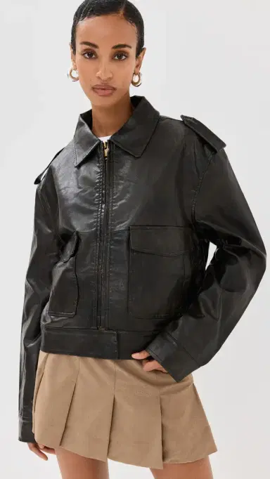 Lioness Eighties Bomber Leather Jacket Washed Onyx | Thumbnail 2