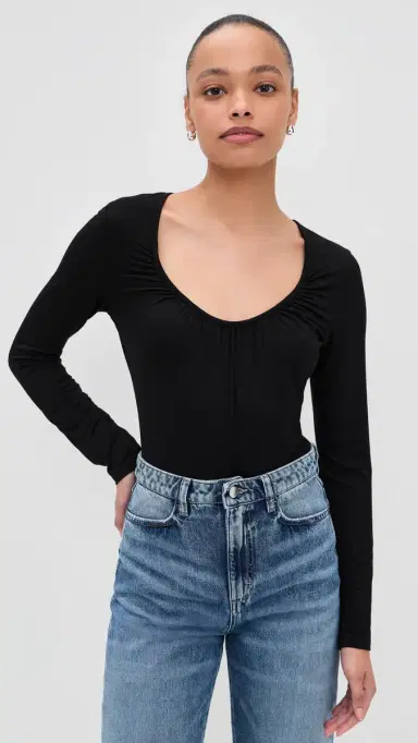 L'Agence Cassandra Long Sleeve Ruched Bodysuit Black | Thumbnail 2 L'Agence Cassandra Long Sleeve Ruched Bodysuit Black | Thumbnail 2