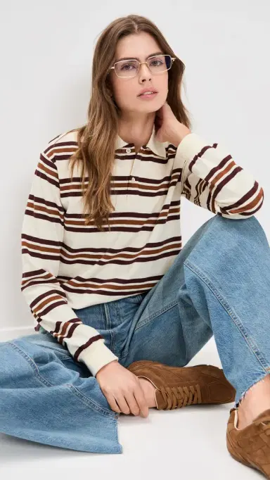 LIONESS Leisure Long Sleeve Polo Coffee Stripe | Thumbnail 2 LIONESS Leisure Long Sleeve Polo Coffee Stripe | Thumbnail 2