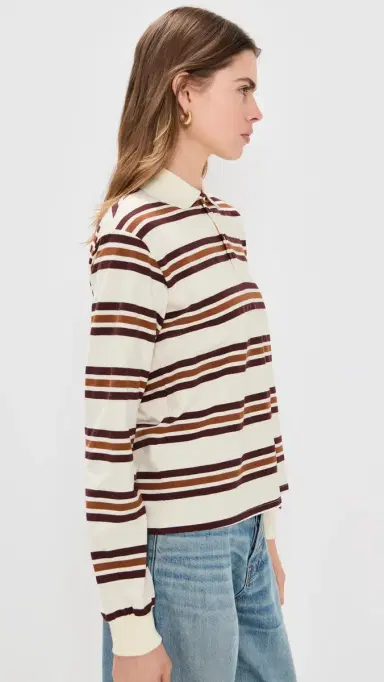 LIONESS Leisure Long Sleeve Polo Coffee Stripe | Thumbnail 4 LIONESS Leisure Long Sleeve Polo Coffee Stripe | Thumbnail 4