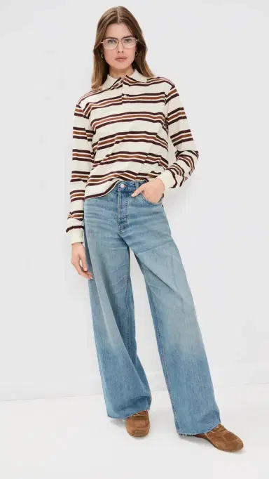 LIONESS Leisure Long Sleeve Polo Coffee Stripe | Thumbnail 5 LIONESS Leisure Long Sleeve Polo Coffee Stripe | Thumbnail 5