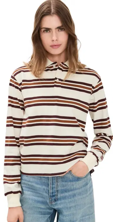 LIONESS Leisure Long Sleeve Polo Coffee Stripe | Thumbnail 1 LIONESS Leisure Long Sleeve Polo Coffee Stripe | Thumbnail 1