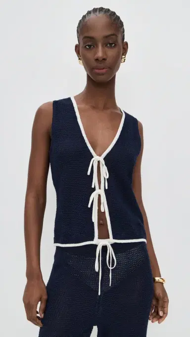 Onia Linen Knit Tie Front Tank Noir Navy/Egret | Thumbnail 2