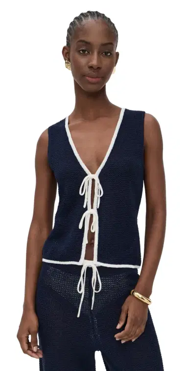 Onia Linen Knit Tie Front Tank Noir Navy/Egret | Thumbnail 1