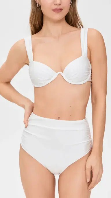 Simkhai Teya High Waisted Ruched Bikini Bottoms White L | Thumbnail 4