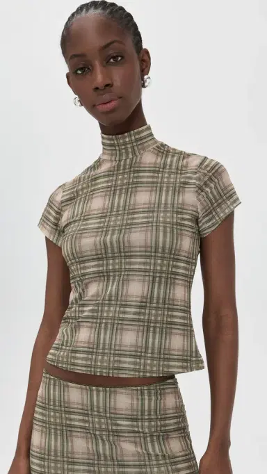 Another Girl Plaid Mesh High Neck Top Green | Thumbnail 2
