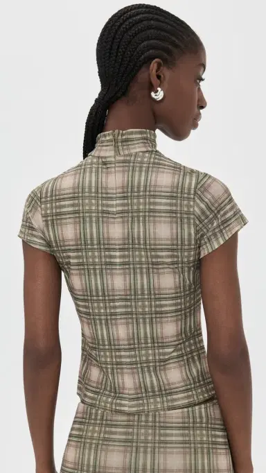 Another Girl Plaid Mesh High Neck Top Green | Thumbnail 3