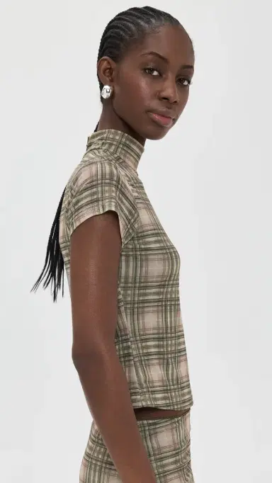 Another Girl Plaid Mesh High Neck Top Green | Thumbnail 4