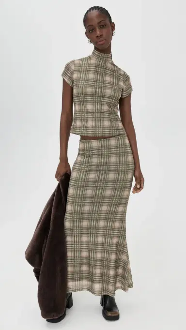 Another Girl Plaid Mesh High Neck Top Green | Thumbnail 5