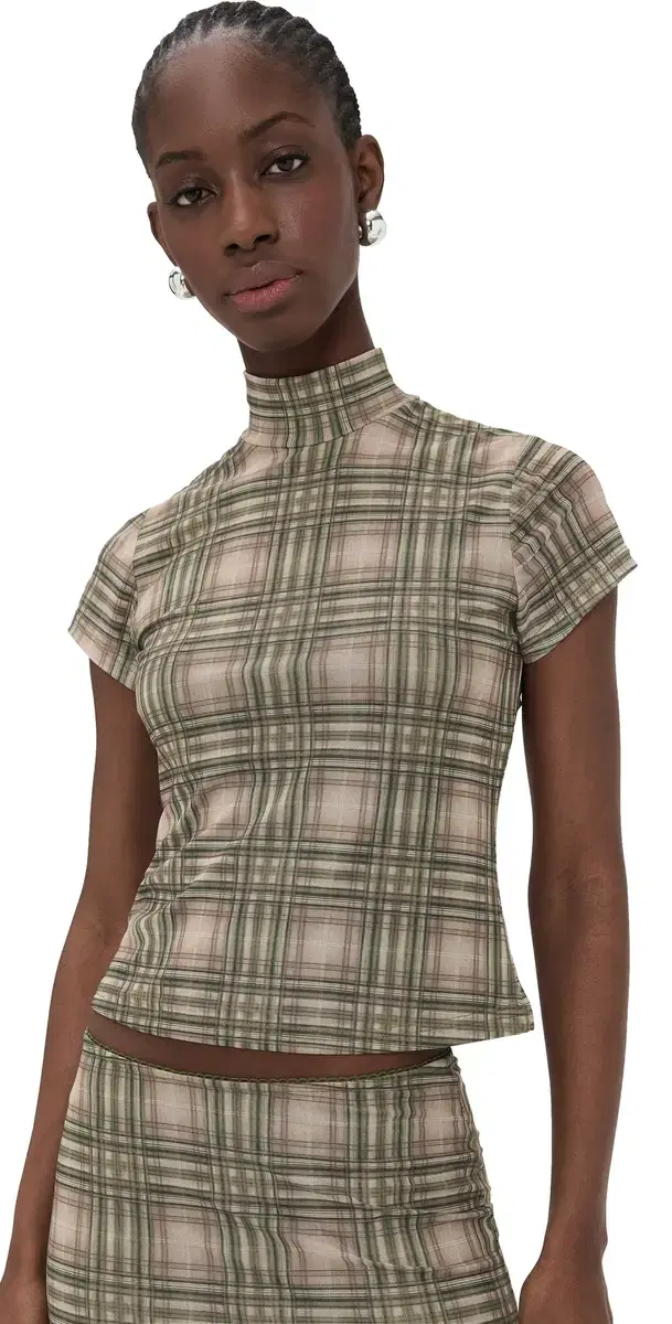 Plaid Mesh High Neck Top Green