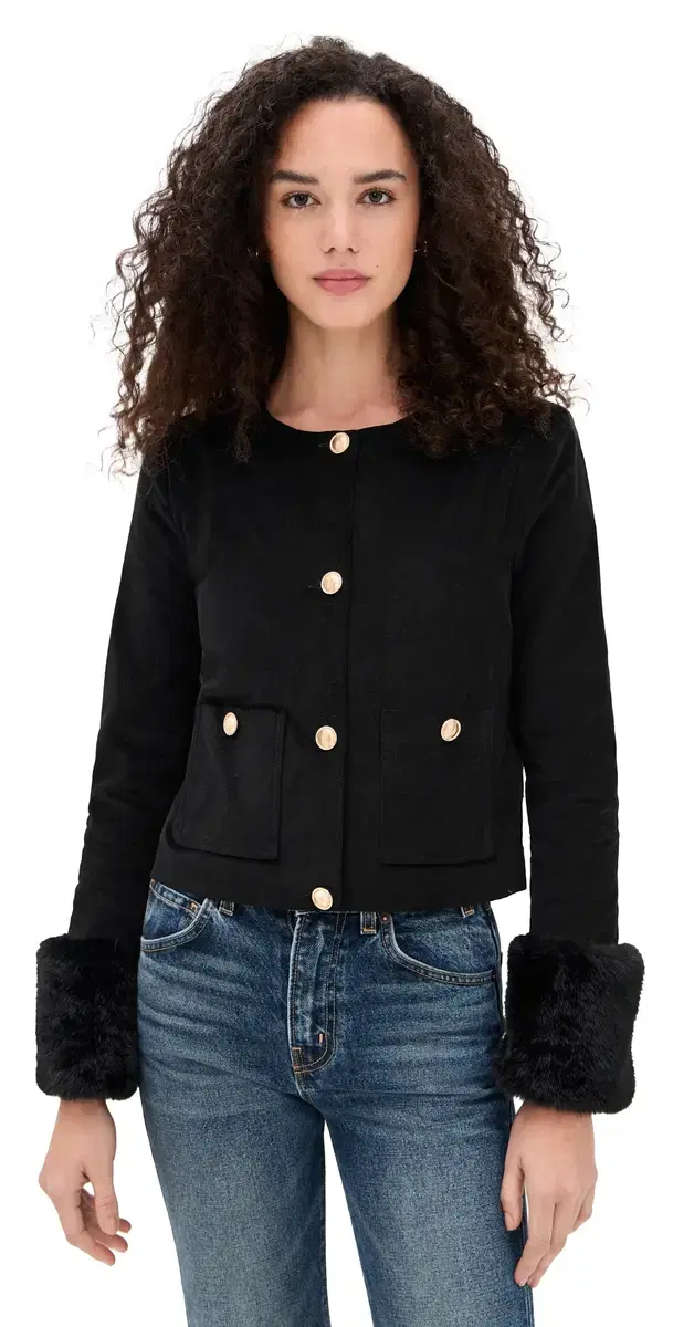 Fur Trim Velveteen Jacket Black