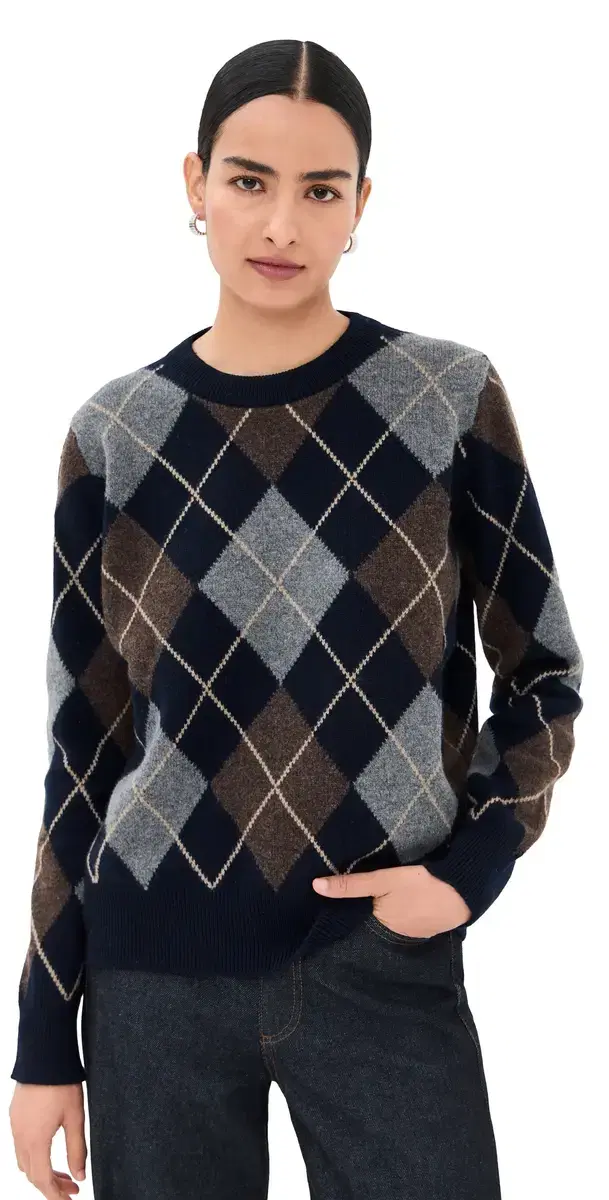 & Argyle Slouch ambswool Crewneck Sweater Navy With Brown