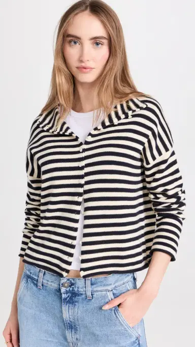 Alex Mill Taylor Cardigan in Stripe Cotton Cashmere Blend Navy/Ivory | Thumbnail 2 Alex Mill Taylor Cardigan in Stripe Cotton Cashmere Blend Navy/Ivory | Thumbnail 2