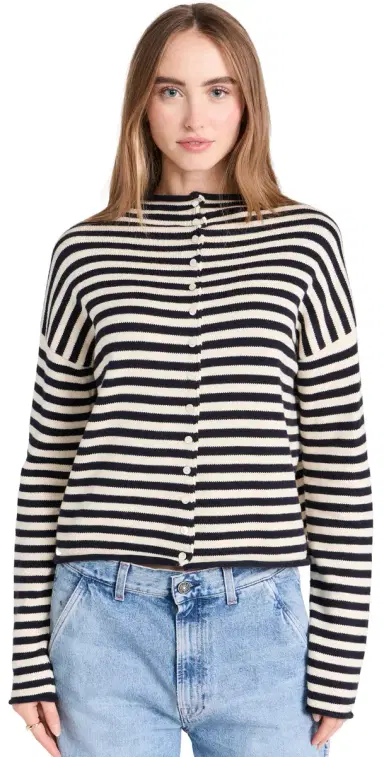 Alex Mill Taylor Cardigan in Stripe Cotton Cashmere Blend Navy/ | Thumbnail 1 Alex Mill Taylor Cardigan in Stripe Cotton Cashmere Blend Navy/ | Thumbnail 1