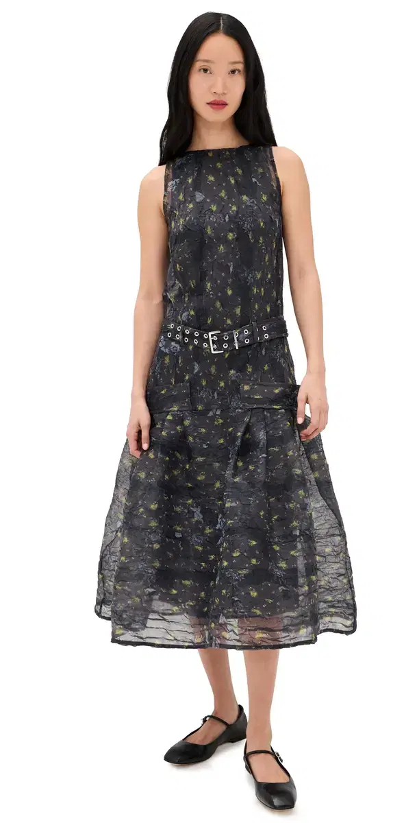 Shibori Organza Belted Long Dress Black Sand