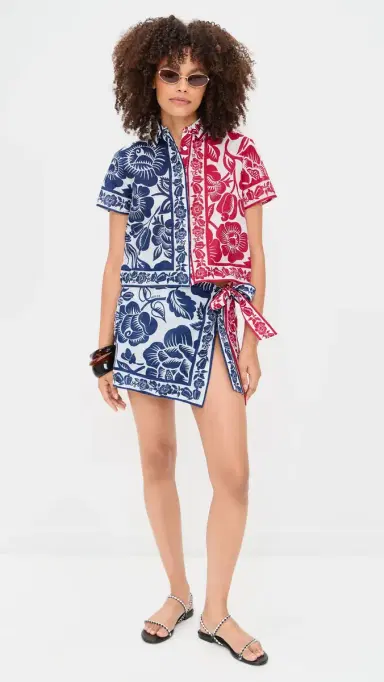 FARM Rio Cashew and Birds Mini Wrap kirt Cashew And Birds Red And Blue | Thumbnail 5