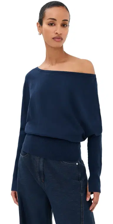 Simkhai Lavina Draped Off Shoulder Sweater Midnight | Thumbnail 1 Simkhai Lavina Draped Off Shoulder Sweater Midnight | Thumbnail 1