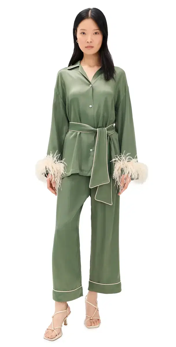 Miss Cat Belted Pajama et with Detachable Feathers Green