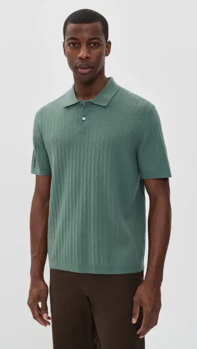 Theory Cable Knit Polo in Fine Bilen Light Pine Grove M | Thumbnail 2