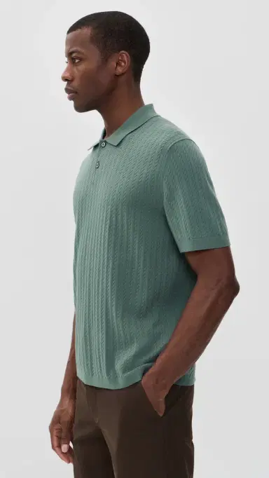 Theory Cable Knit Polo in Fine Bilen Light Pine Grove M | Thumbnail 4