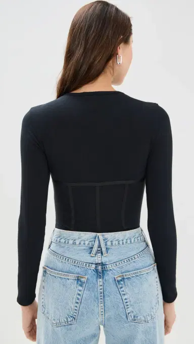 Fleur du Mal Long Sleeve T-Shirt Thong Bodysuit Black | Thumbnail 3