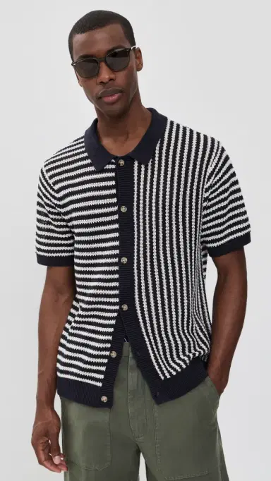 Onia Linen Button Up Sweater Midnight/Egret | Thumbnail 2