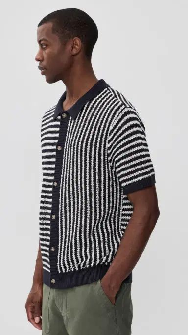 Onia Linen Button Up Sweater Midnight/Egret | Thumbnail 4