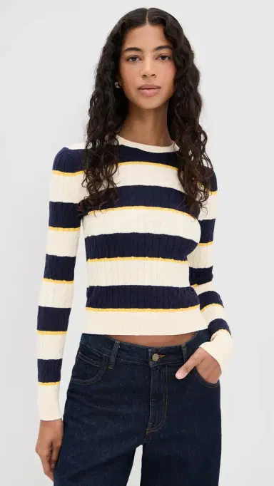State & Lake Cable Knit Pullover Ivory/Navy/Yellow XS | Thumbnail 2