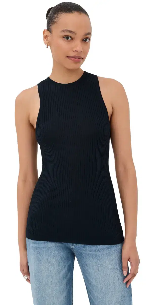 Tibi Ribbed Cut Out Tank Top Navy