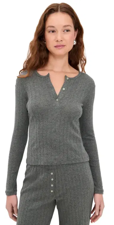 LESET Pointelle Long Sleeve Henley Tee Granite | Thumbnail 1 LESET Pointelle Long Sleeve Henley Tee Granite | Thumbnail 1