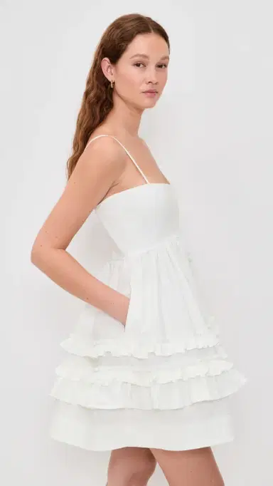 GANNI Stretch Cotton Mini Strap Dress with Frill Bright White | Thumbnail 4 GANNI Stretch Cotton Mini Strap Dress with Frill Bright White | Thumbnail 4