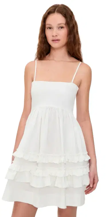 GANNI Stretch Cotton Mini Strap Dress with Frill Bright White | Thumbnail 1 GANNI Stretch Cotton Mini Strap Dress with Frill Bright White | Thumbnail 1
