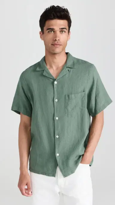 Portuguese Flannel Linen Camp Collar Shirt Dry Green | Thumbnail 2