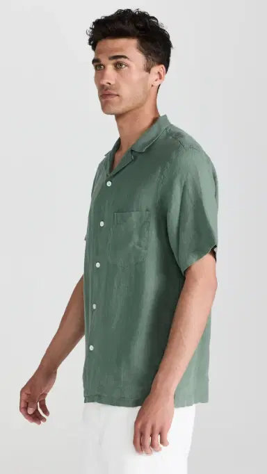 Portuguese Flannel Linen Camp Collar Shirt Dry Green | Thumbnail 4