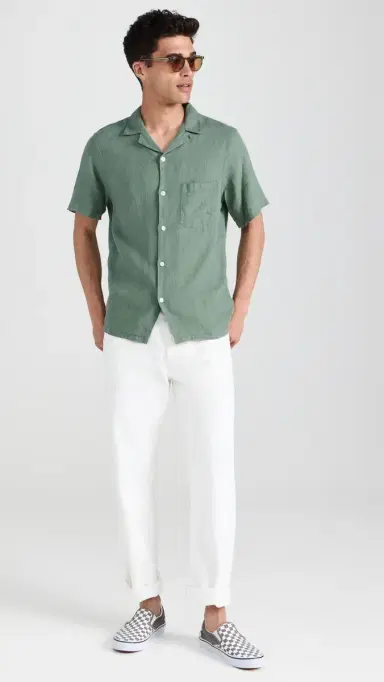 Portuguese Flannel Linen Camp Collar Shirt Dry Green | Thumbnail 5