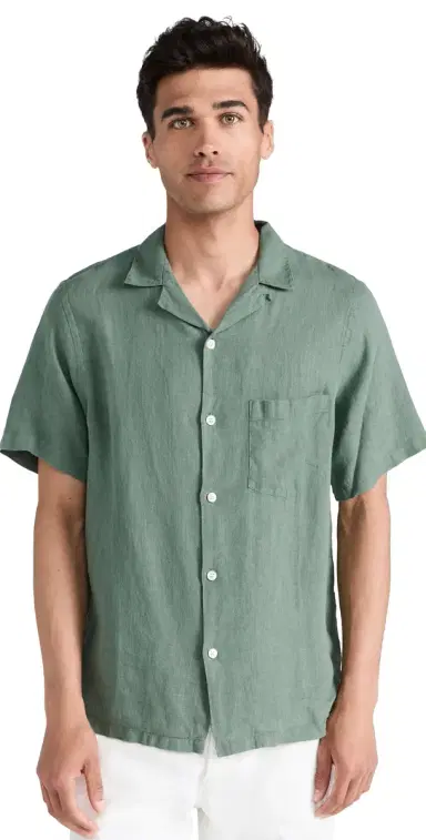 Portuguese Flannel Linen Camp Collar Shirt Dry Green | Thumbnail 1