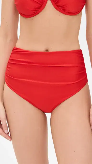 SIMKHAI Teya High Waisted Ruched Bikini Bottoms Fiery Red | Thumbnail 2