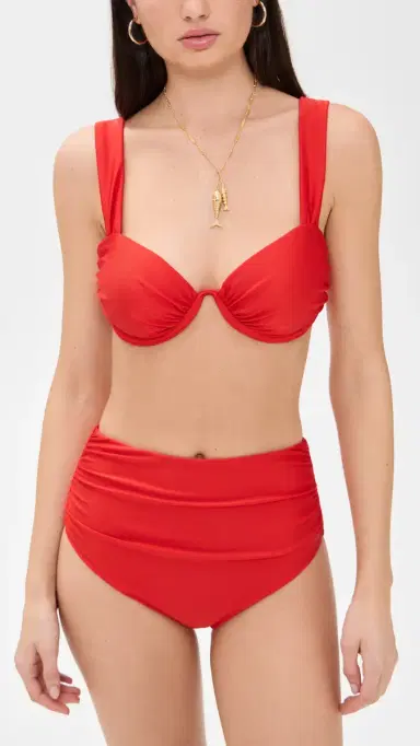 SIMKHAI Teya High Waisted Ruched Bikini Bottoms Fiery Red | Thumbnail 4