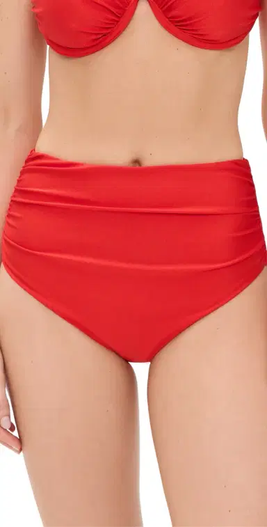 SIMKHAI Teya High Waisted Ruched Bikini Bottoms Fiery Red | Thumbnail 1
