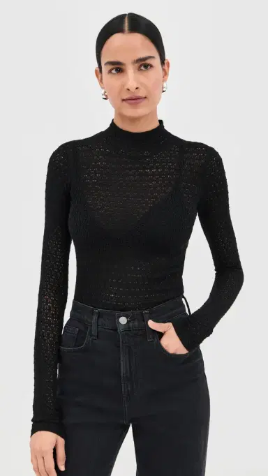 Sablyn Marlo Lace-Like Fitted Mock Neck Tee Black | Thumbnail 2