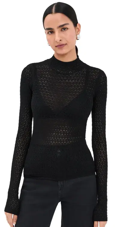 Sablyn Marlo Lace-Like Fitted Mock Neck Tee Black | Thumbnail 1