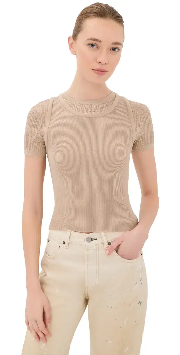 Thin Ribbed T-hirt Beige
