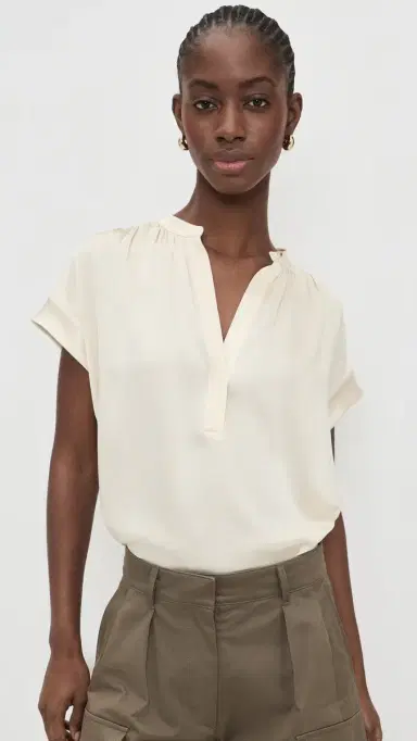 Vince Gathered Neck Cap Sleeve Silk Blouse Crème L | Thumbnail 2 Vince Gathered Neck Cap Sleeve Silk Blouse Crème L | Thumbnail 2